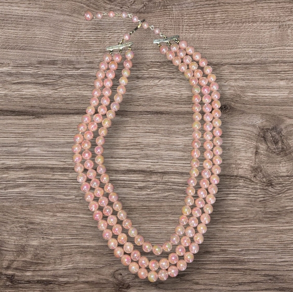 Vintage Jewelry - Vintage 1950 Vibe Pink Faux Champgne Pearl Triple Strand Necklace Shine Barbie